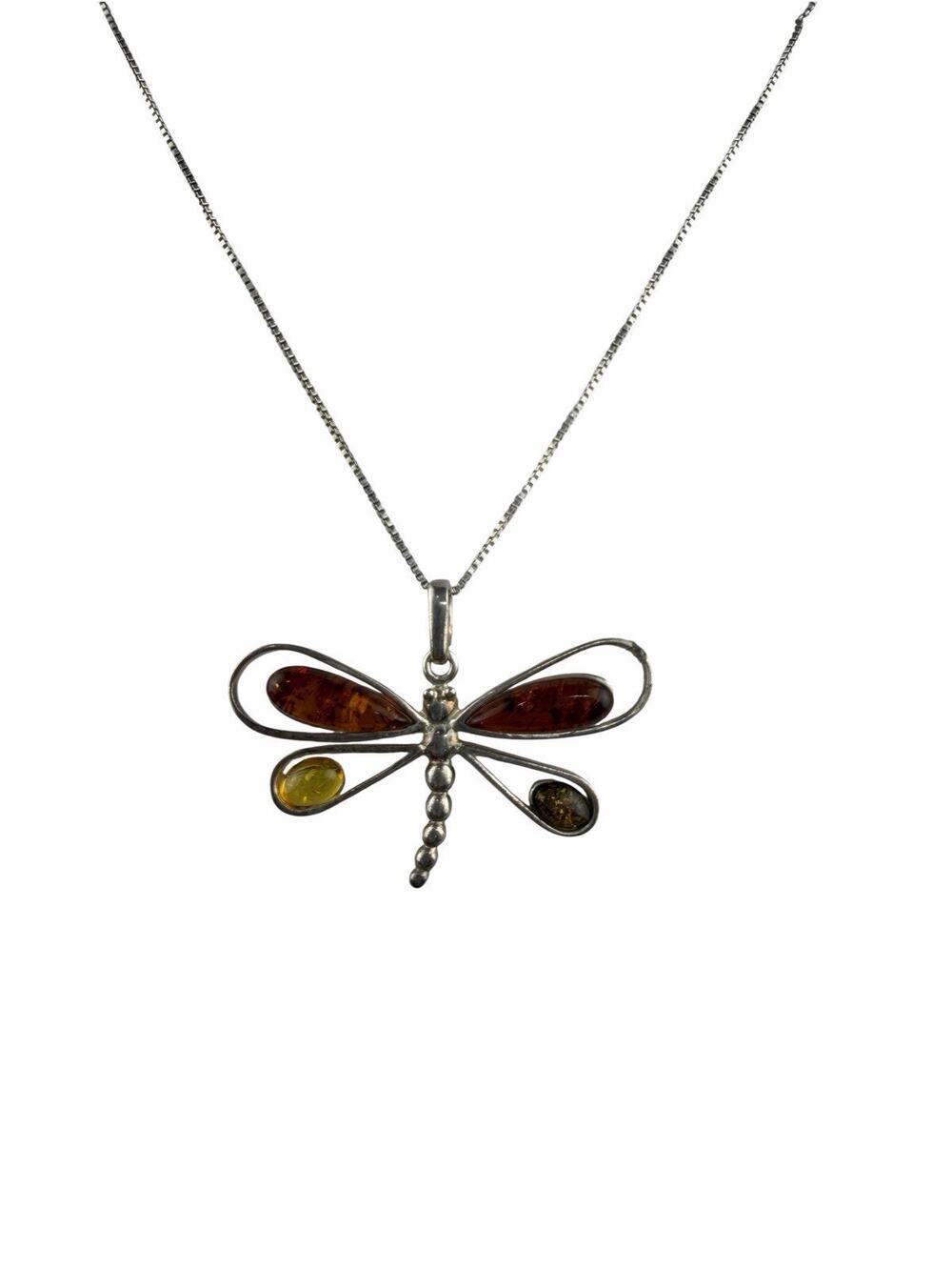 Amber Butterfly Pendant on 18" Box Chain Sterling Silver Necklace